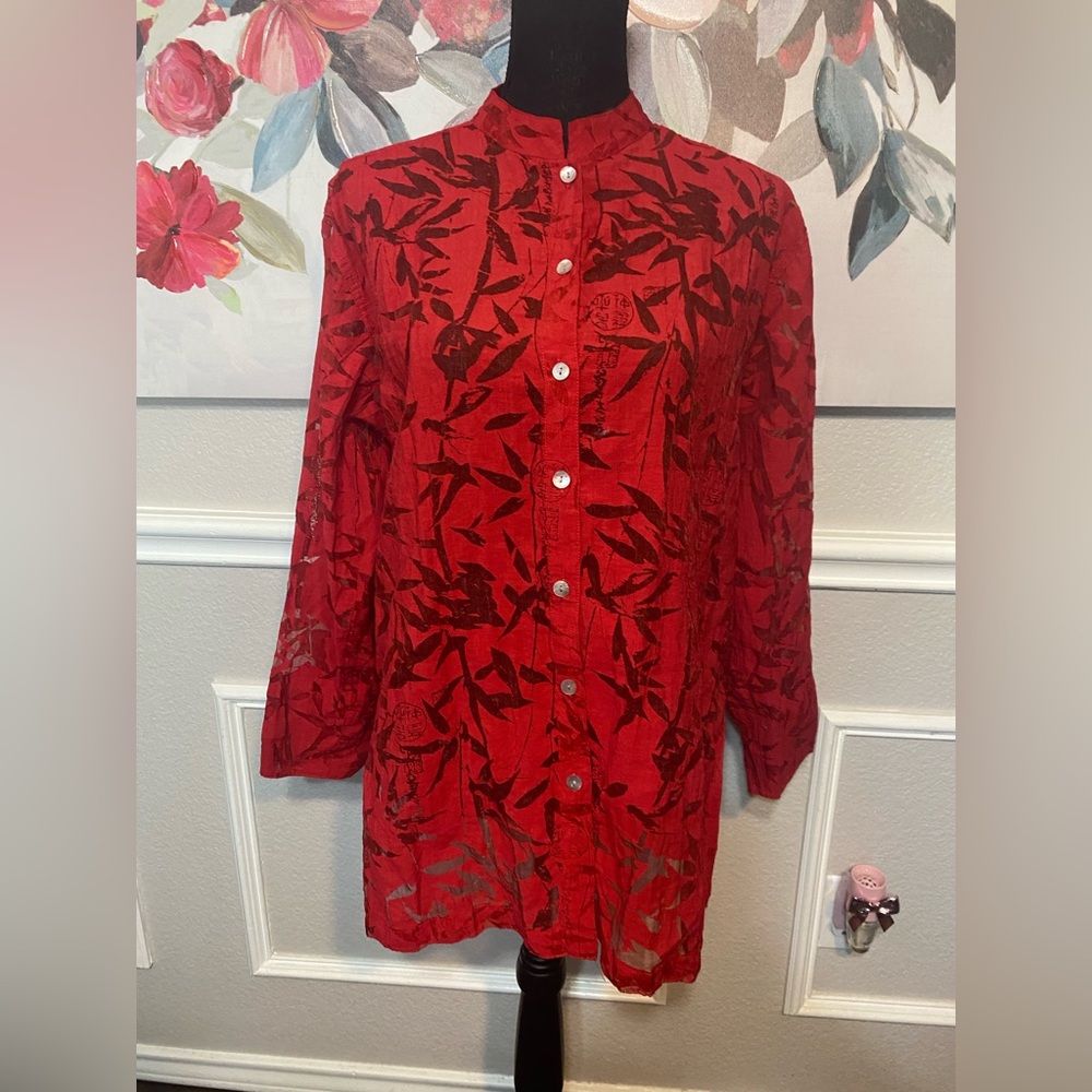 Chico's Vibrant Red and Black Leaf Print Blouse